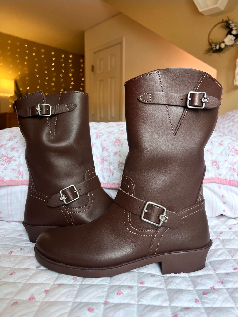 Coach Dawn Brown Maple Leather Moto Riding Boots Buckle Heel 7B